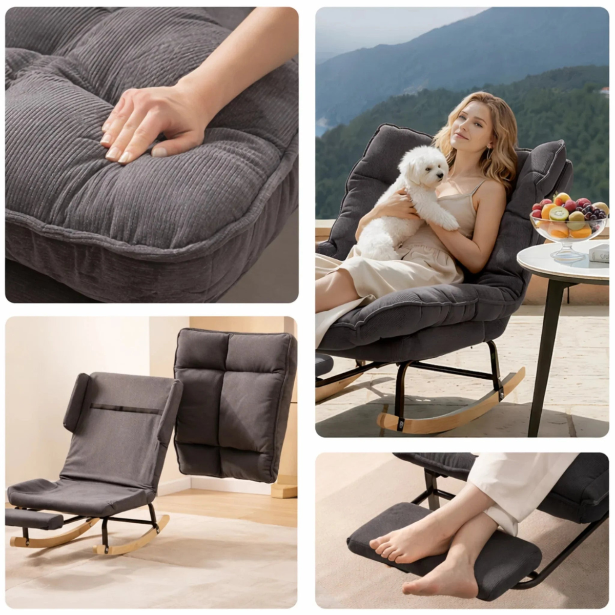 A dark gray corduroy reclining rocking chair shown in a four-panel collage: a close-up of the padded seat, a woman sitting in the chair holding a white dog on a balcony, the chair folded upright, and feet resting on the footrest.