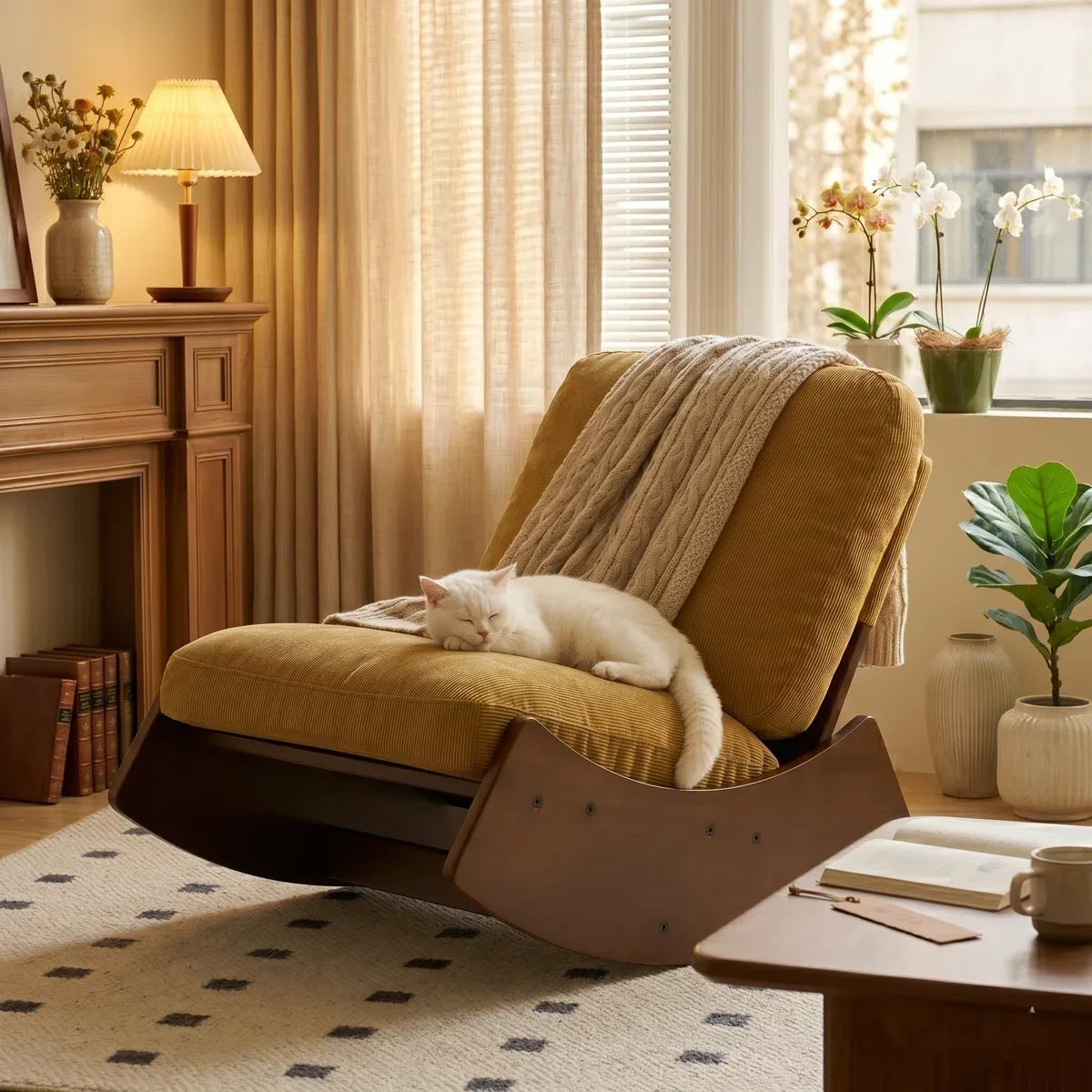 A warm, cozy living room scene featuring a mustard yellow velvet recliner chair with a dark brown wooden rocking base. A white cat is sleeping peacefully on the chair, which is styled with a beige knit throw blanket.