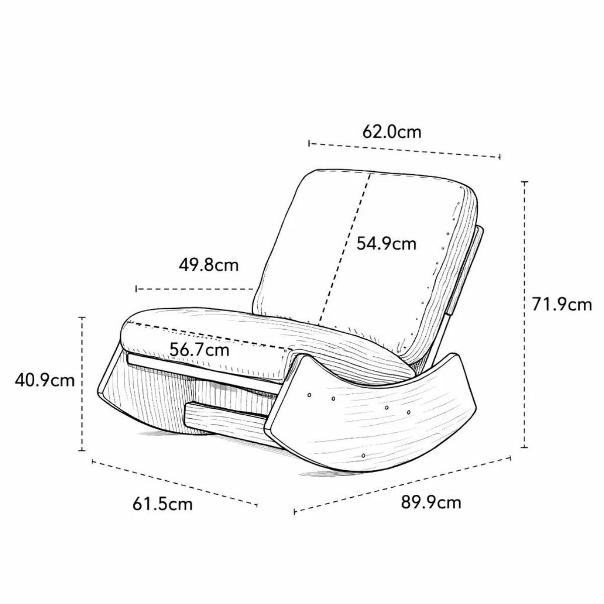 Measurement diagram of a wooden rocking chair with dimensions labeled.