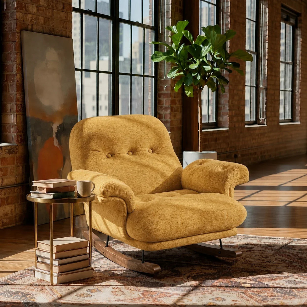 A plush mustard yellow fabric rocking chair with button tufting on the back, set in a sunlit loft room with brick walls, large windows, a potted plant, and a small side table.
