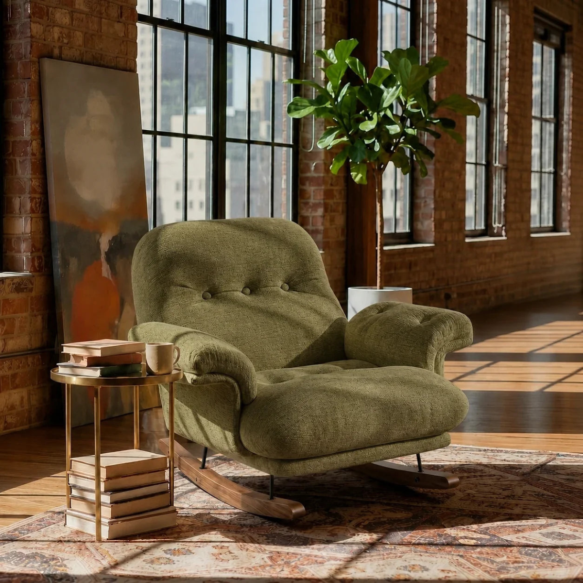 An olive green upholstered rocking armchair in a sunlit loft room with brick walls, large windows, a potted plant, and a small side table.