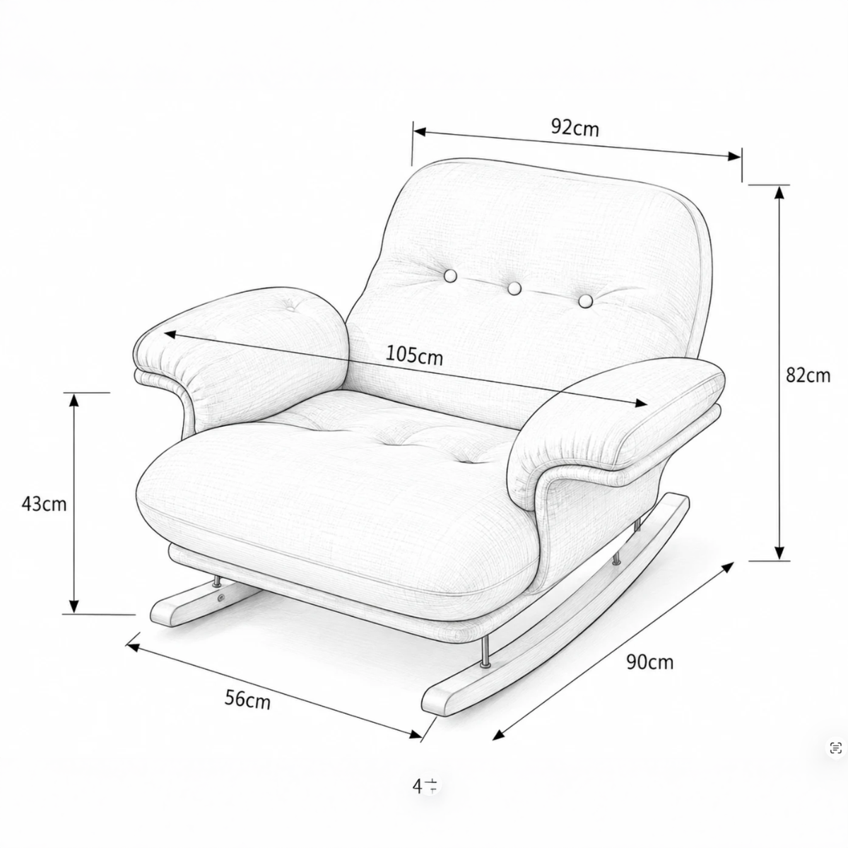 A white upholstered rocking chair shown with dimension callouts and measurement lines indicating width, height, and depth in centimeters on a plain white background.