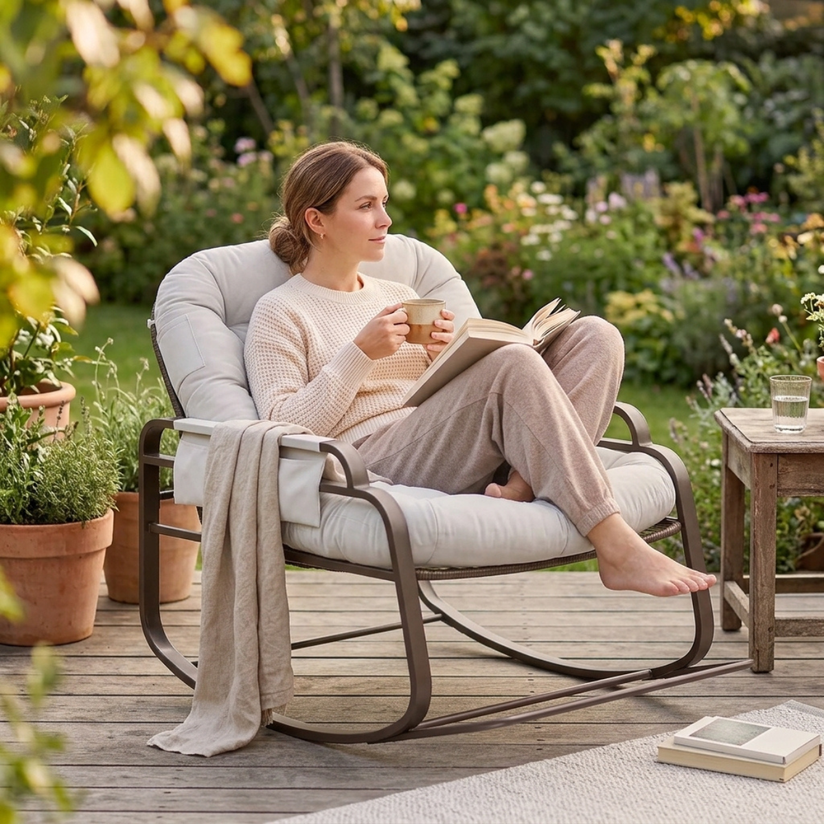 A woman relaxes in a cushioned outdoor rocking chair on a wooden deck, holding a mug and reading a book. The chair has a dark metal frame and light beige cushions, with a matching throw draped over the arm.