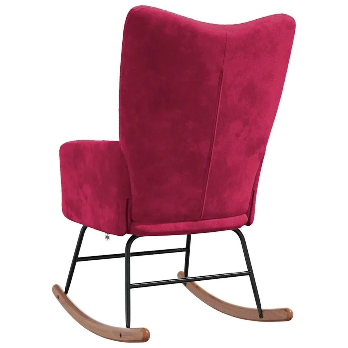 Pink rocking chair with black metal frame and wooden rocking base on a white background