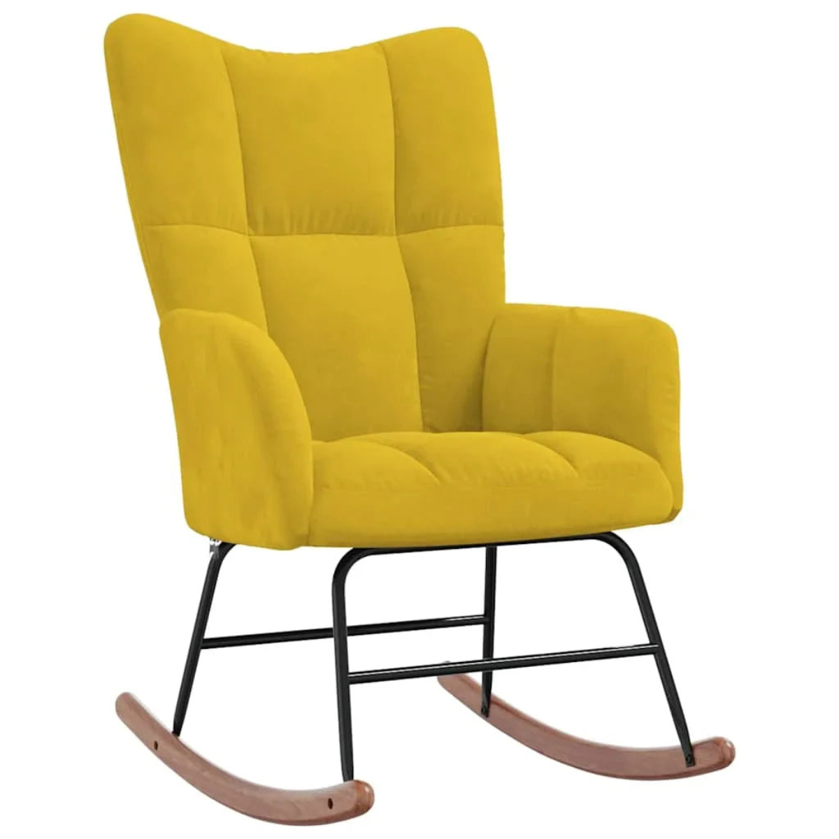 Yellow rocking chair with black metal frame and wooden rocking base on a white background