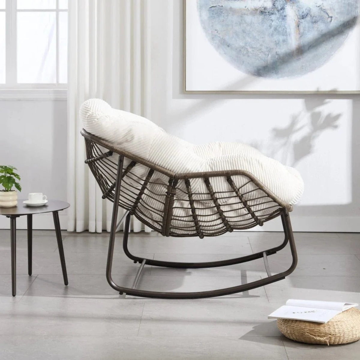 cove papasan rattan ribbed velvet rocking chair back view