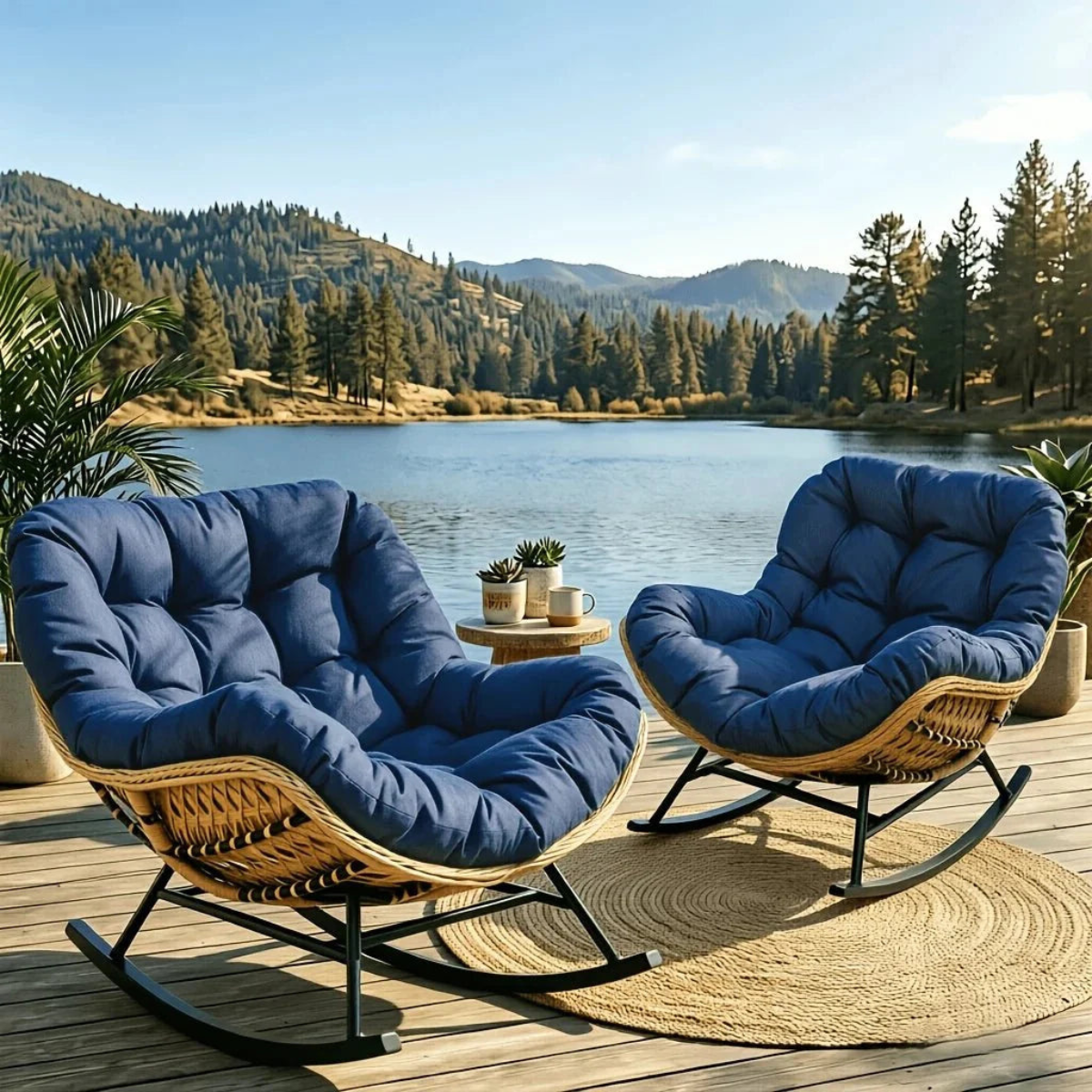 Two wicker rocking chairs with oversized navy blue cushions are arranged on a wooden deck beside a lake, with mountains and trees in the background.