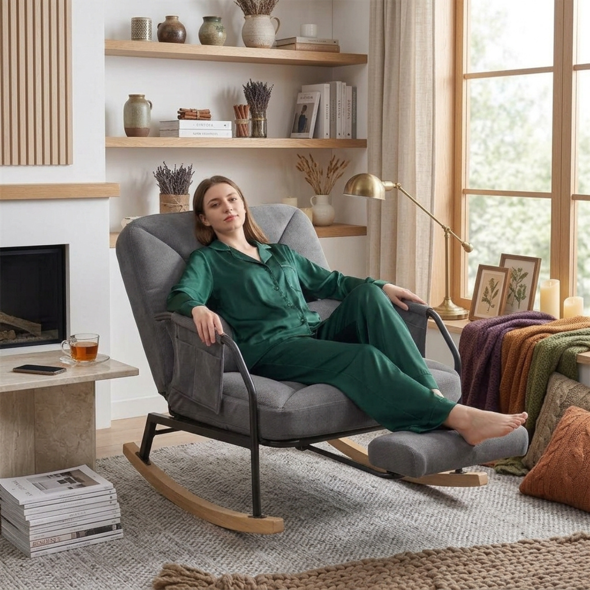 A woman reclines in a gray upholstered rocking chair with a footrest in a styled living room. She is wearing a matching dark green pajama set.