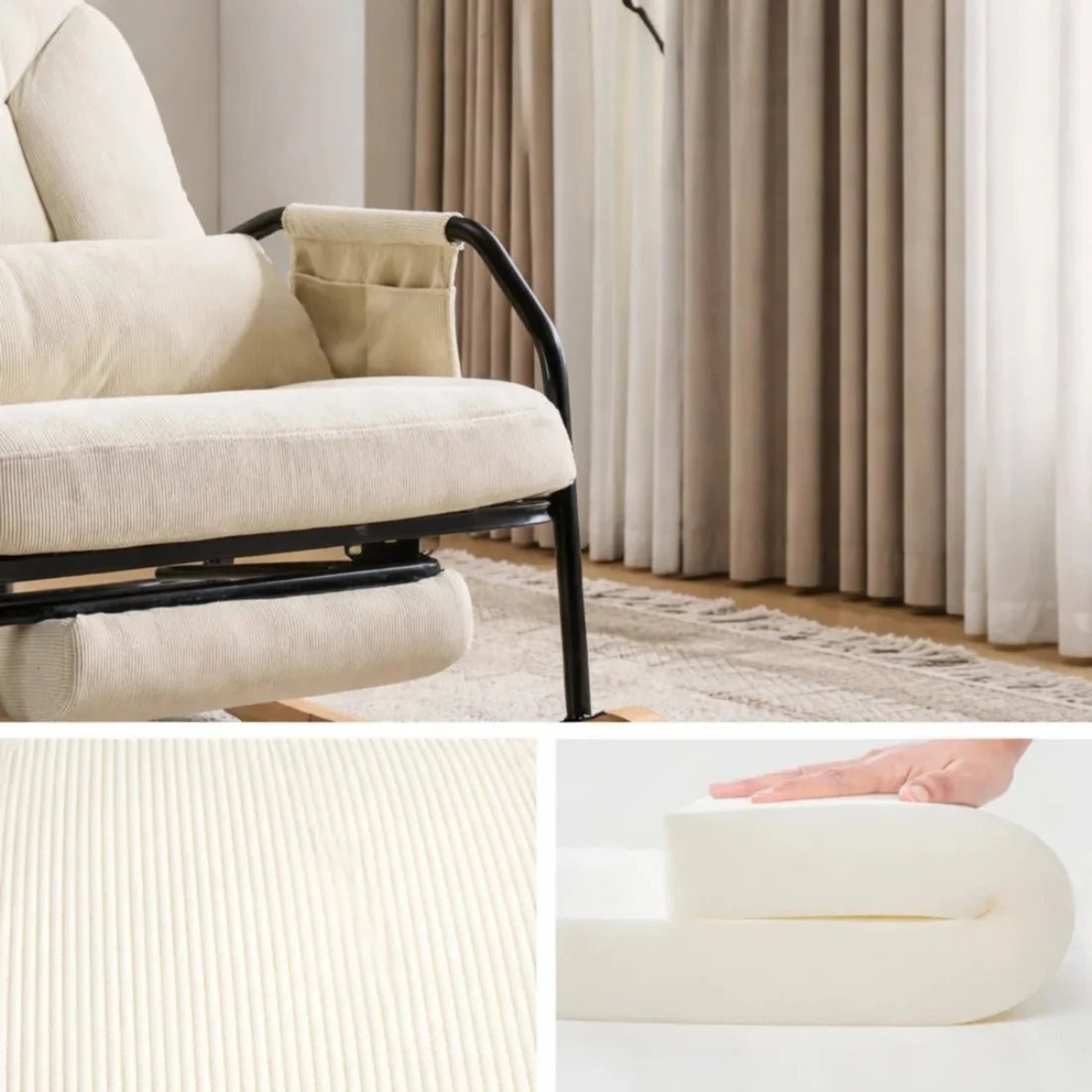 A beige upholstered recliner chair with a black metal frame, shown in a softly lit room with curtains and a rug. The bottom panel is split into two smaller images: one showing a close-up of the ribbed cream fabric, and the other showing a hand pressing into a white cushion to demonstrate softness.