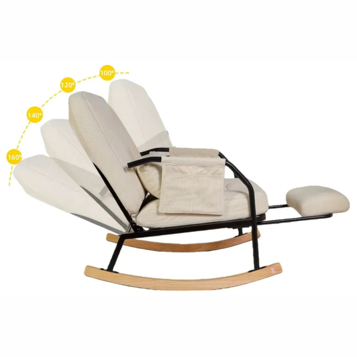A beige padded rocking chair with a black metal frame and natural wood rockers, shown on a white background with a yellow dotted angle graphic indicating adjustable backrest positions.
