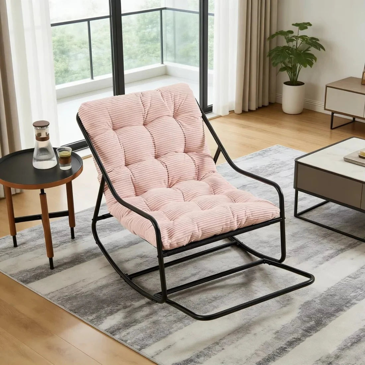ember corduroy rocking chair black frame lifestyle balcony