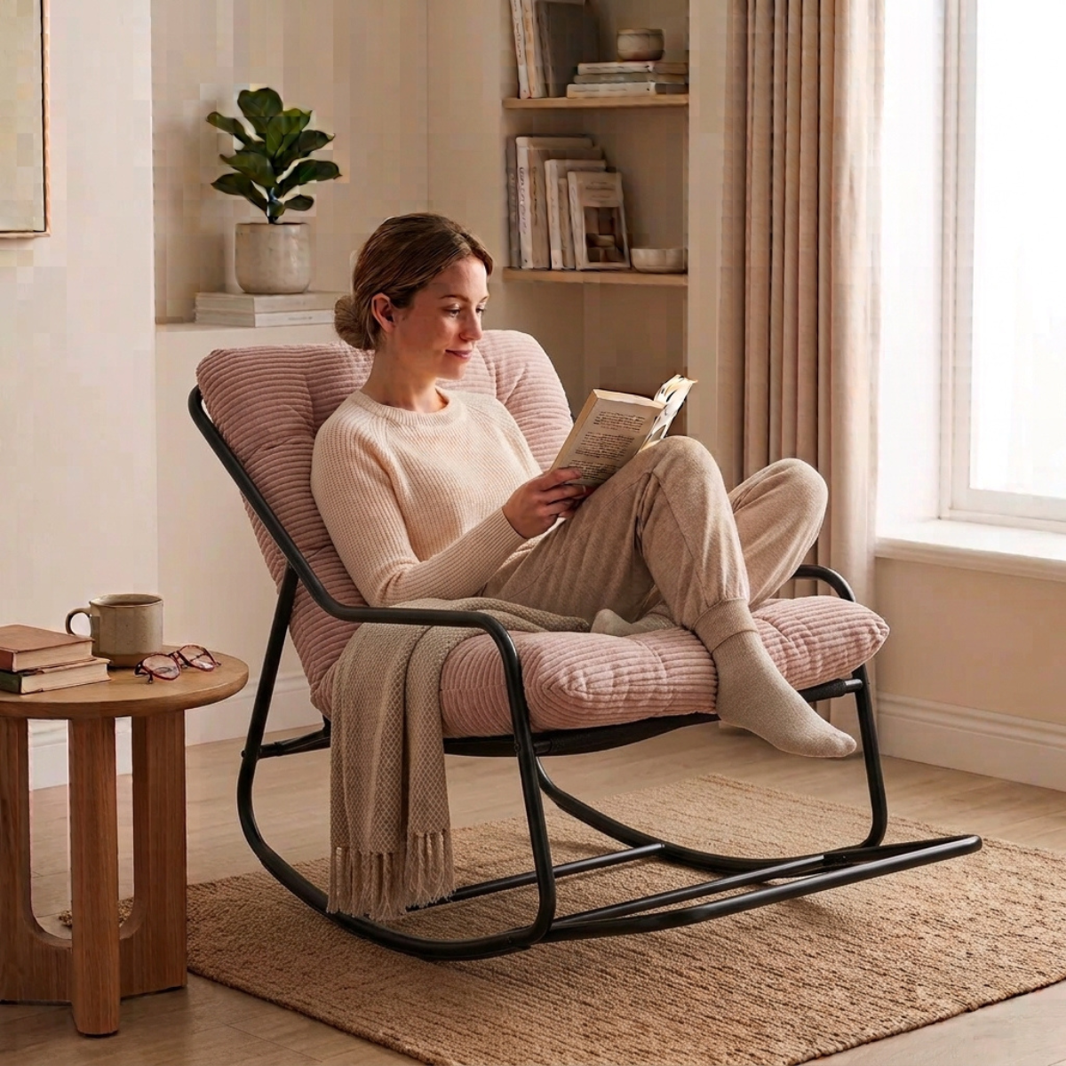 A woman sits in a pink striped rocking chair reading a book in a bright, cozy room with beige walls, a window, curtains, and a small wooden side table.