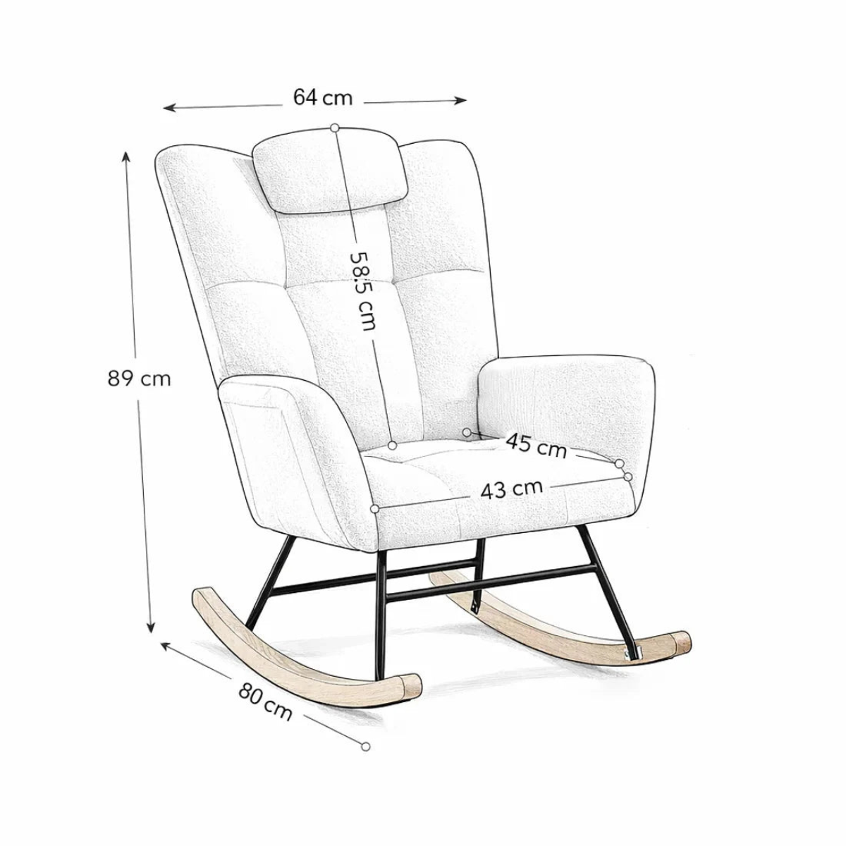 A white upholstered rocking chair with black metal rocking legs and light wood rockers, shown with dimension callouts and arrows indicating height, width, and depth measurements on a white background.