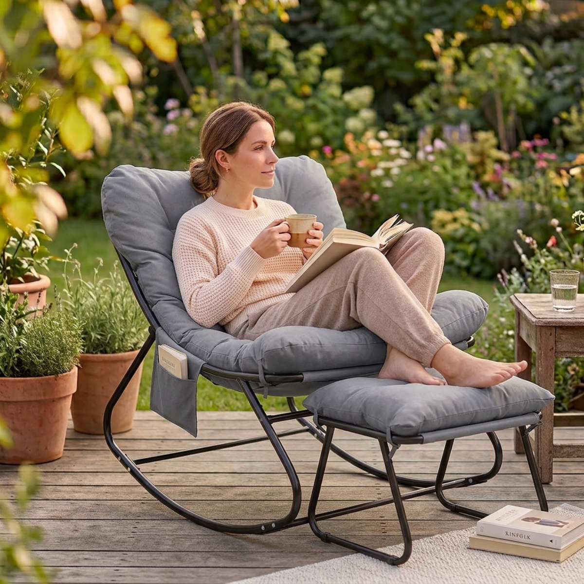 A woman relaxes in a gray cushioned rocking lounge chair with an attached ottoman on a wooden deck, surrounded by a lush garden. She is holding an open book and a cup of tea.
