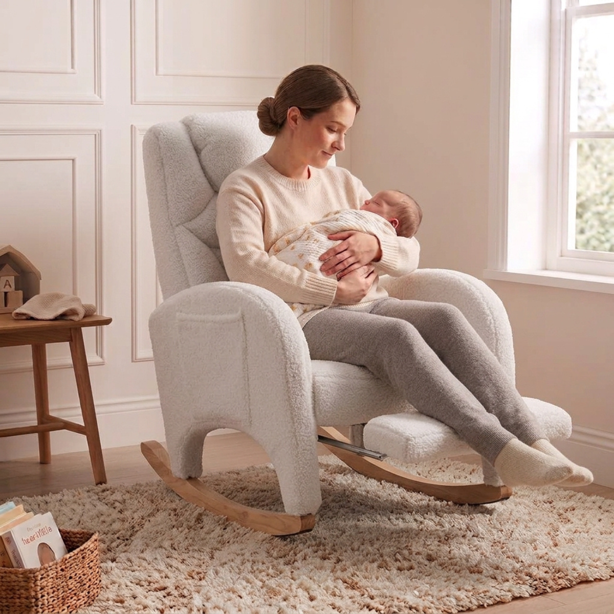A woman in a cream sweater and gray leggings sits in a plush cream upholstered rocking chair, holding a baby wrapped in a white blanket. The chair is placed on a shag rug in a bright, neutral-toned room with a window and small wooden side table.