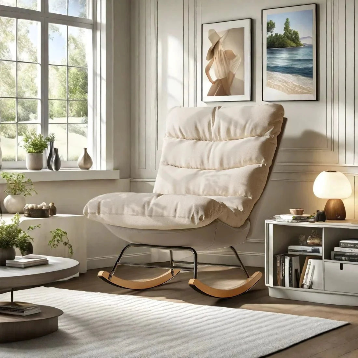 Modern living room with a white armchair, coffee table, and decorative elements.