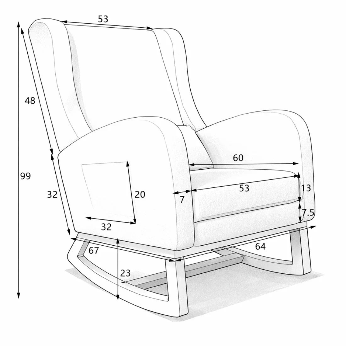 Measurement diagram of a rocking chair with dimensions labeled