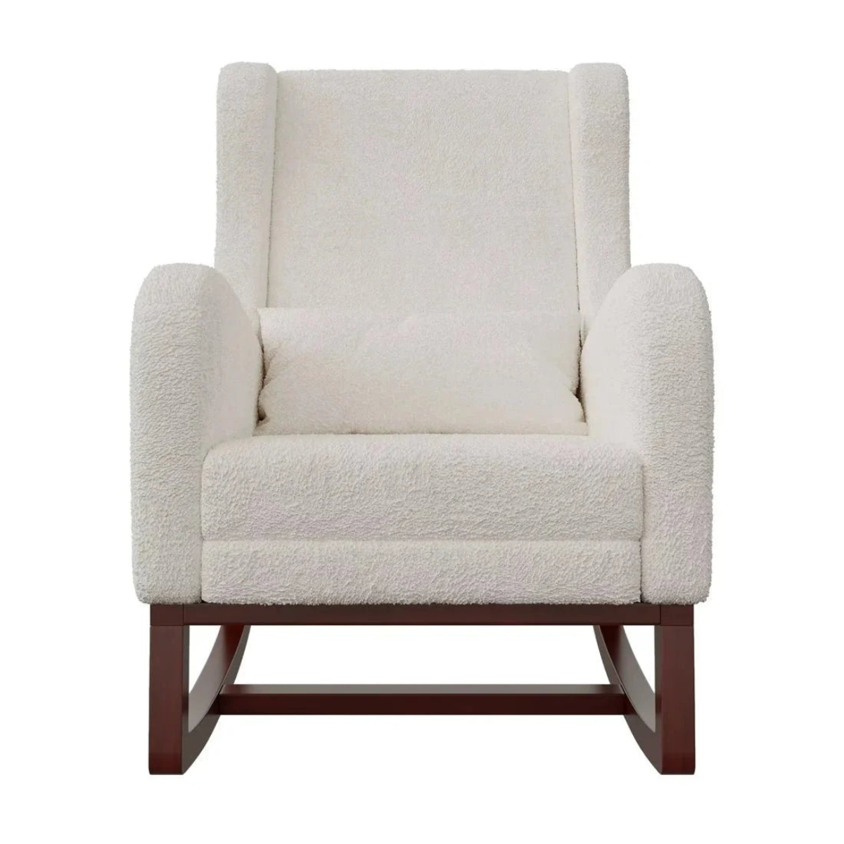 White upholstered armchair with wooden legs on a white background