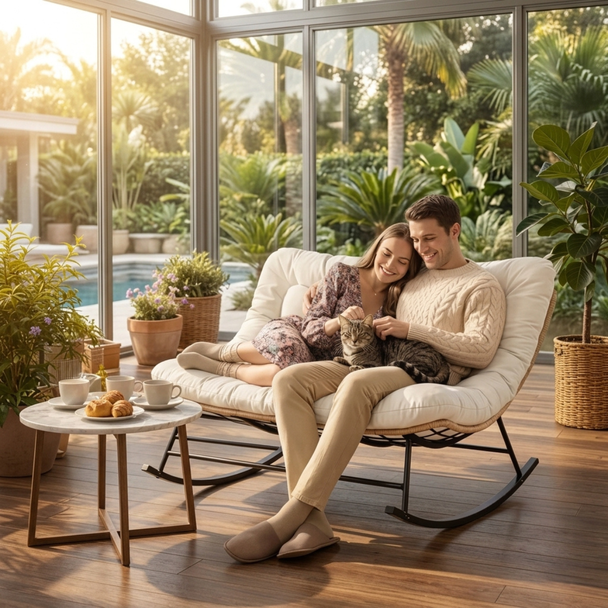 A couple relaxes together in a cream cushioned rocking lounge chair inside a sunlit screened-in porch, with a small round side table, mugs, and a cat on their laps. Large windows and tropical plants are visible in the background.