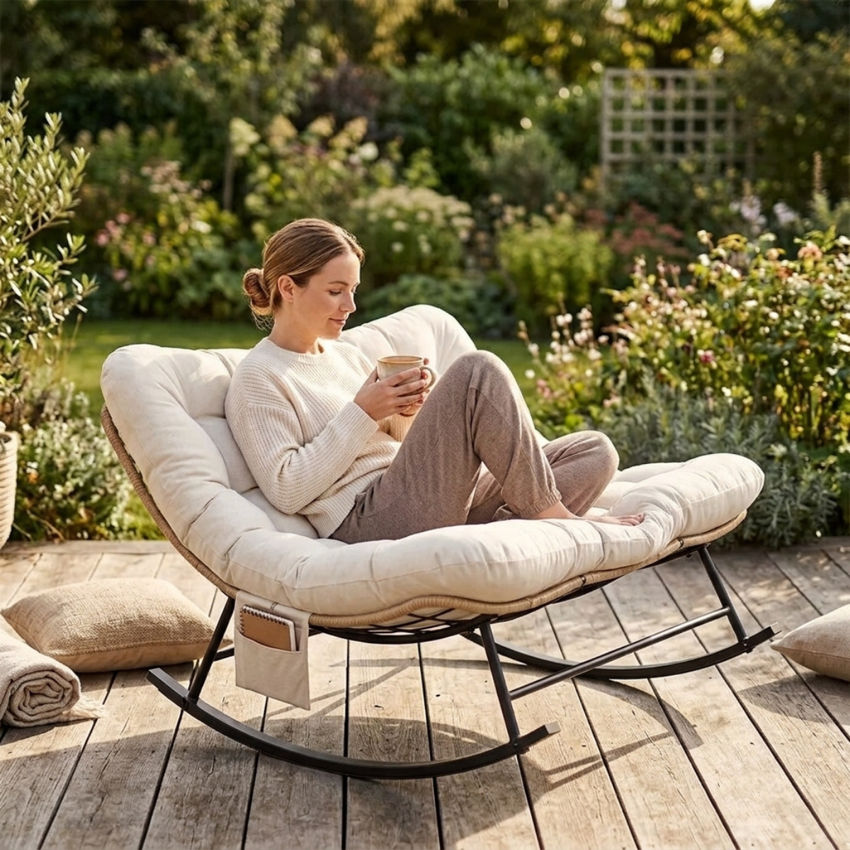 A woman relaxes in a cushioned outdoor rocking chair on a wooden deck, surrounded by a lush garden. She is wearing a cream knit sweater and taupe pants and holding a mug.