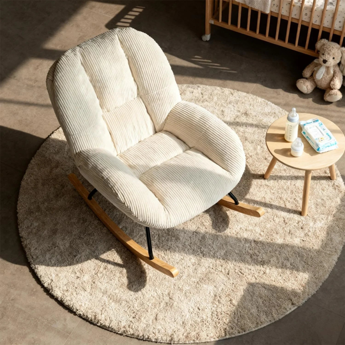 linden scandi ribbed velvet nursing chair in room