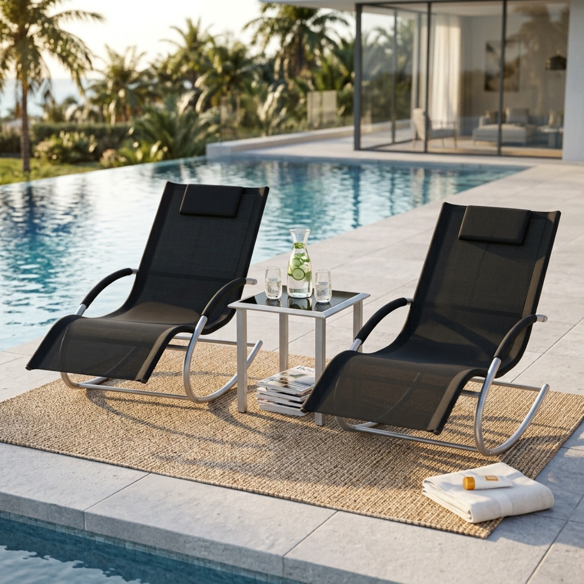 Two black mesh outdoor lounge chairs with curved silver metal frames sit beside a swimming pool on a woven rug, with a small silver side table between them and tropical palm trees and a modern house in the background.