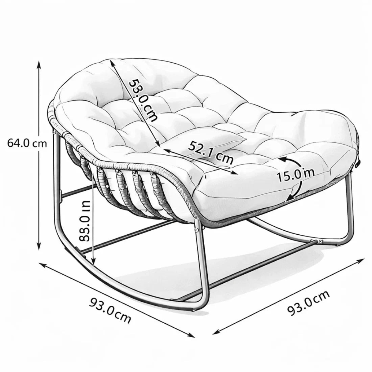 Measurement chart of a white rocking chair with dimensions labeled.