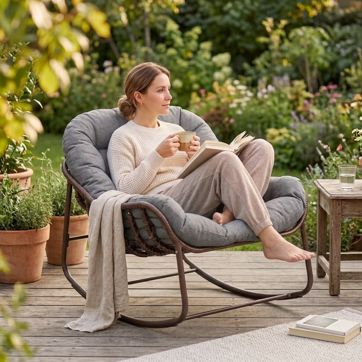 A woman relaxes in a cushioned rocking chair on a wooden deck, holding a mug and an open book. The chair has gray cushions and a dark metal frame, with a light beige throw blanket draped over the arm.