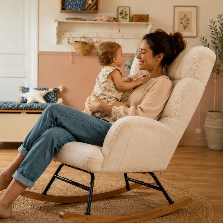 A woman sits in a cream boucle rocking chair holding a baby in a cozy nursery with wood floors, pink walls, and soft natural light.