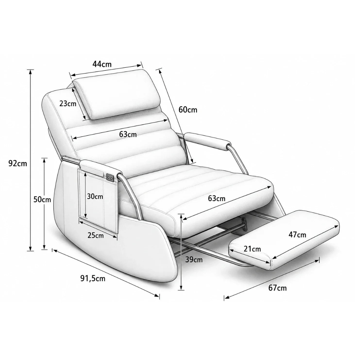A white reclining massage chair shown with dimension labels and measurements for height, width, and depth on a plain white background.