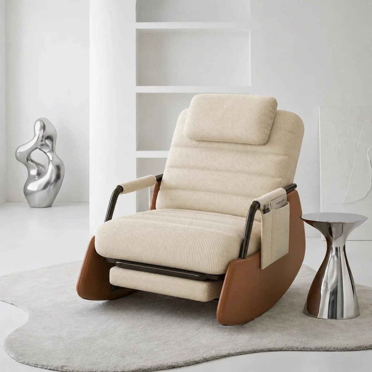 Beige recliner chair with brown armrests in a modern room setting.