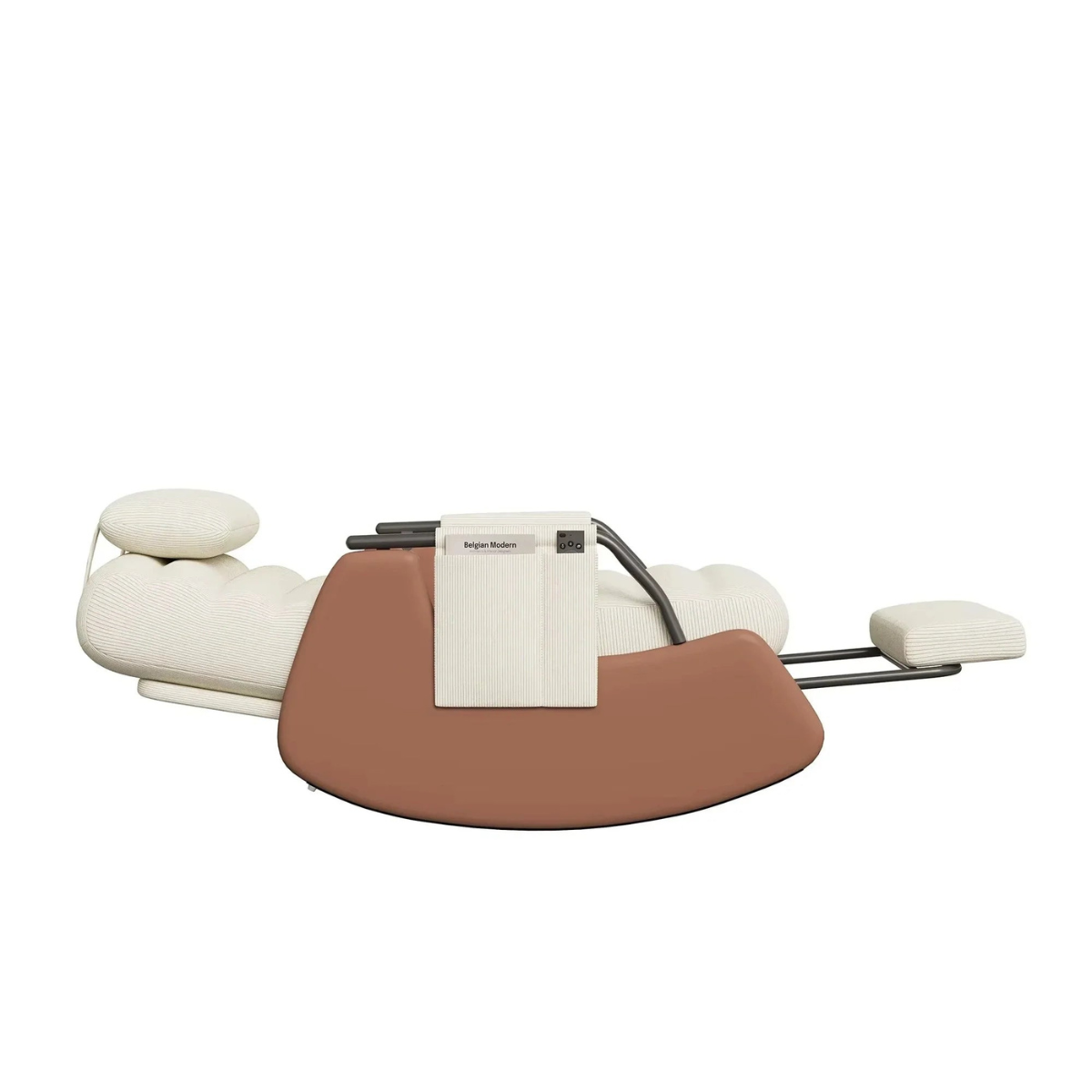 Massage table with brown surface and white cushions on a white background
