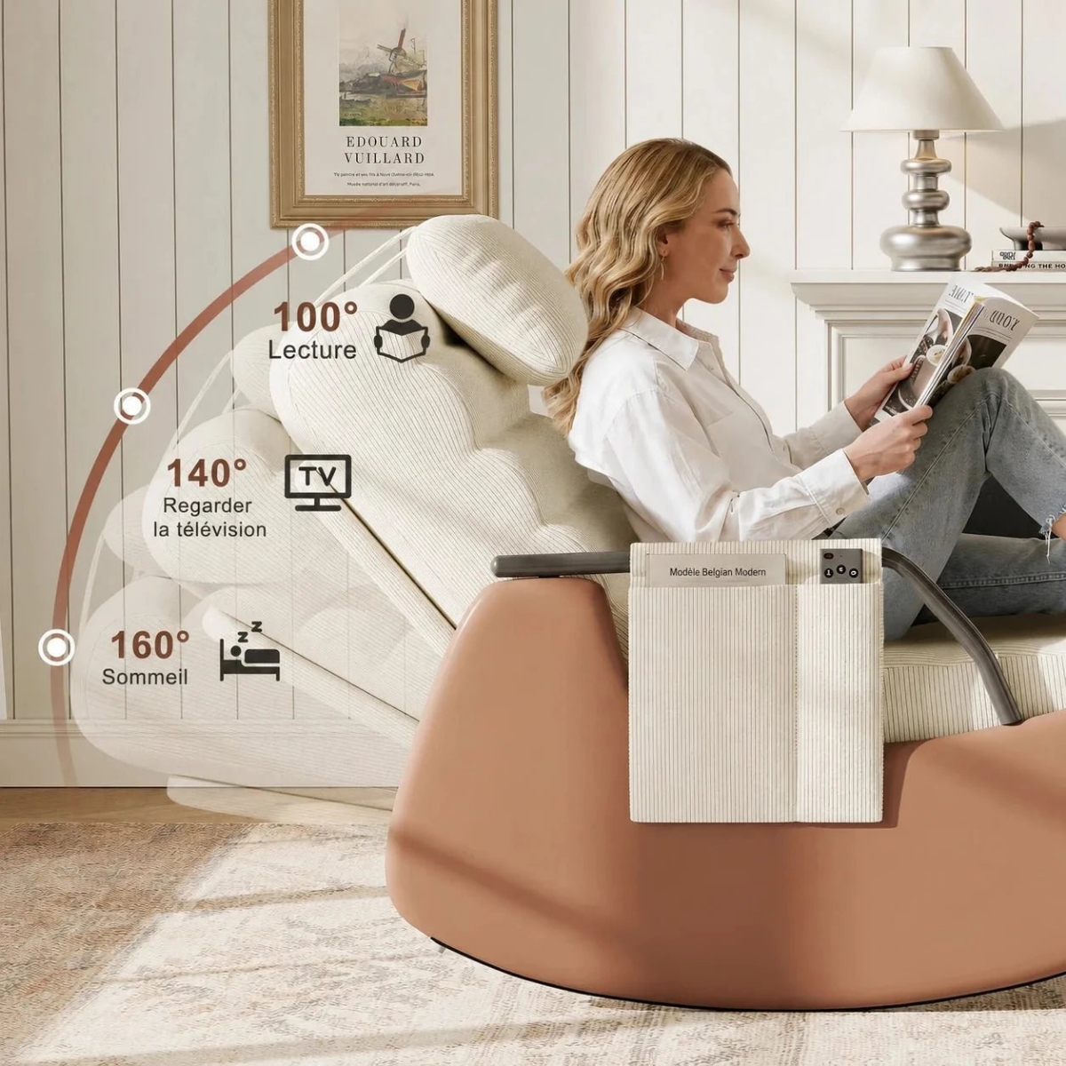 Woman relaxing in a modern recliner chair with adjustable headrest settings.