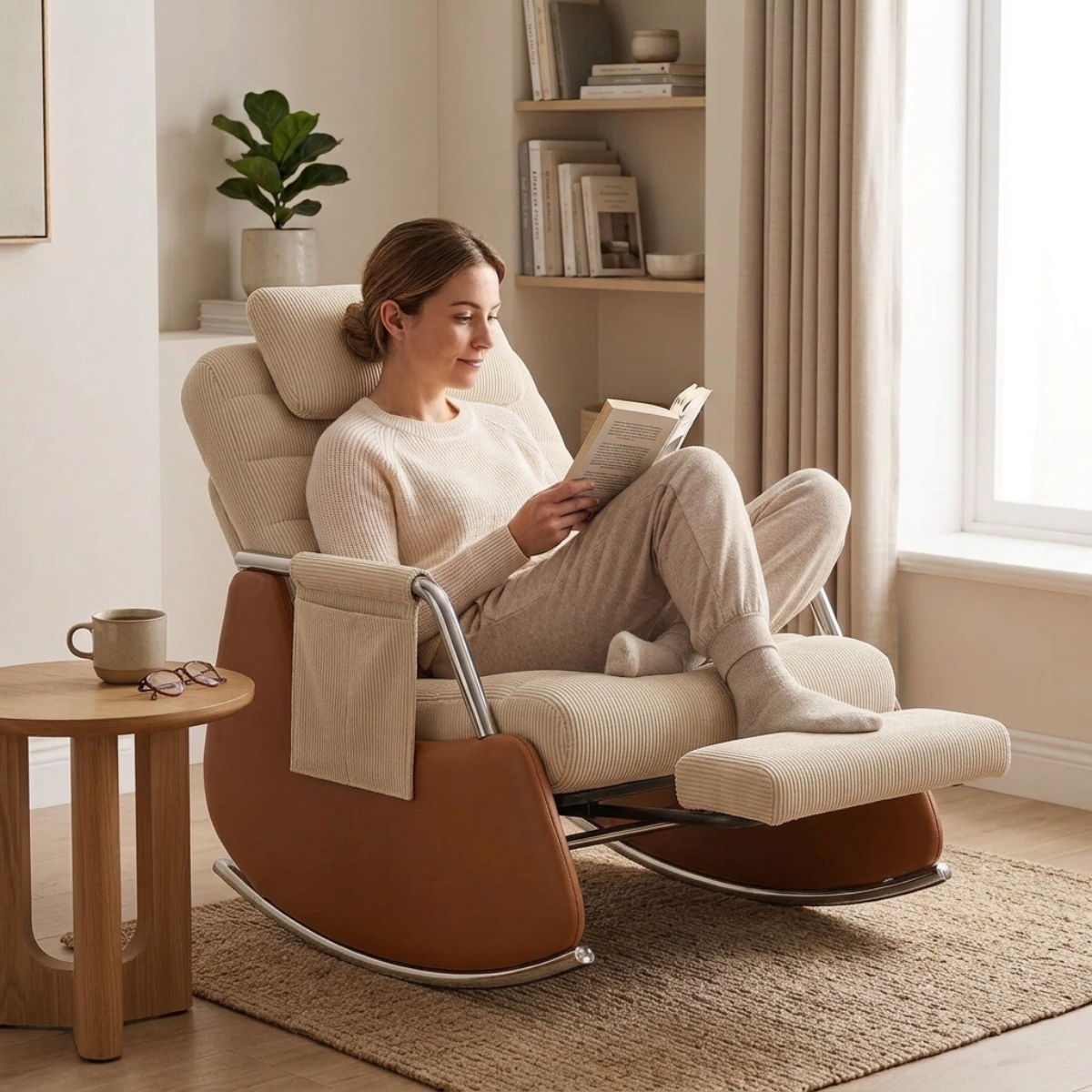 A woman in beige loungewear sits relaxed in a cream and brown rocking chair, reading a book in a bright, modern living room.