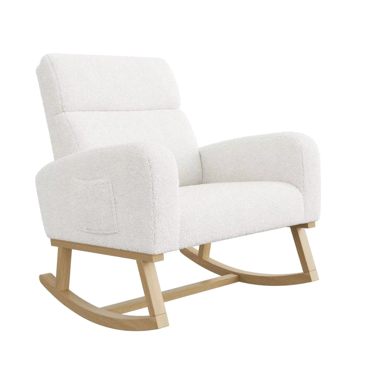 White rocking chair with wooden legs on a white background
