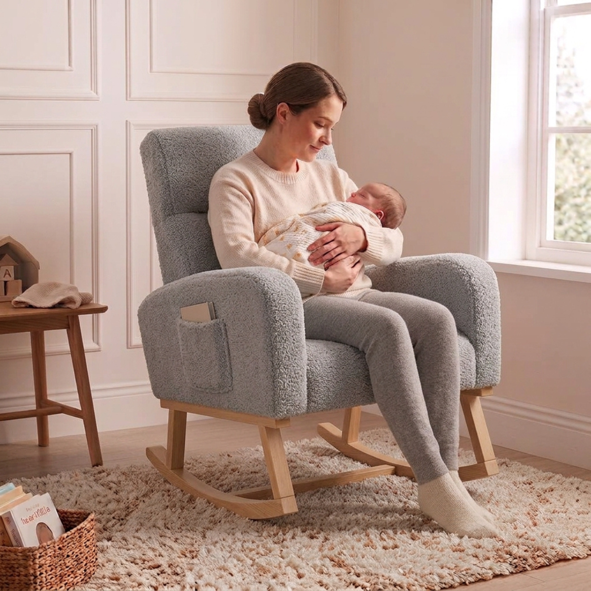 A woman in a cream sweater and gray leggings sits in a light gray bouclé rocking chair with a baby on her lap, set in a bright, modern nursery with a window and wooden floor.