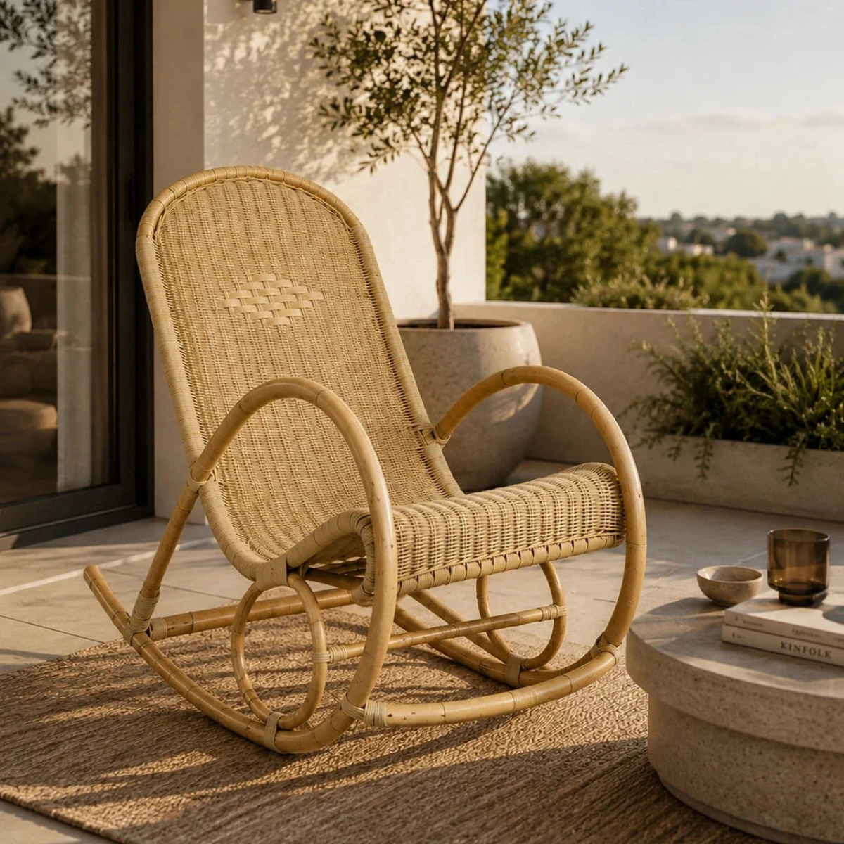 A natural woven rattan rocking chair with curved bamboo-style frame elements, shown on a sunlit patio with a rug, potted plant, table, and outdoor scenery in the background.