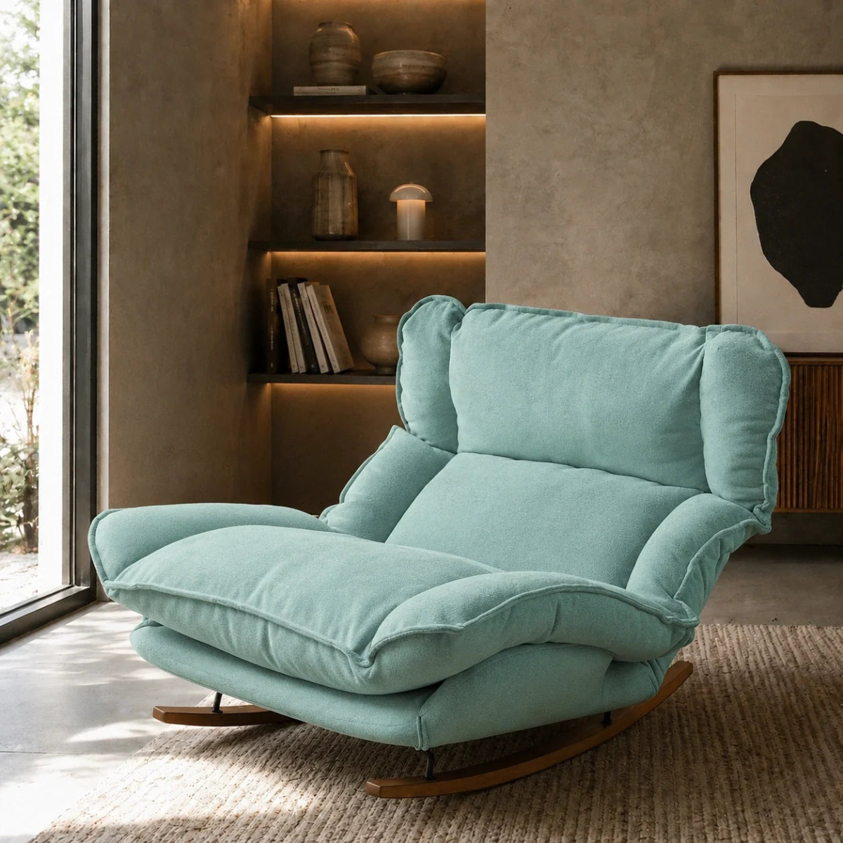 Turquoise armchair in a room with shelves and a painting.