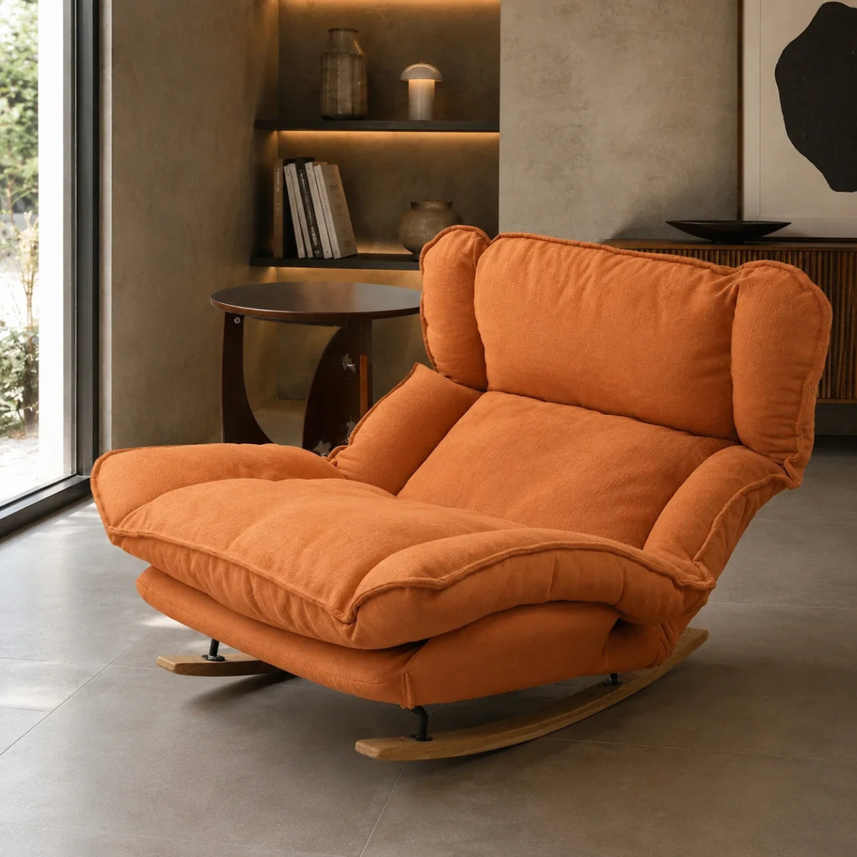 Orange armchair in a modern interior setting with a shelf and window.
