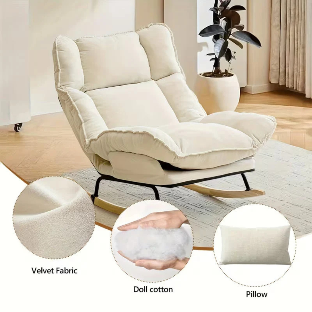 Cream-colored plush recliner chair with a rocking base, shown in a softly styled indoor room. Three circular inset callouts at the bottom highlight fabric and material details: velvet fabric, doll cotton filling, and a pillow.