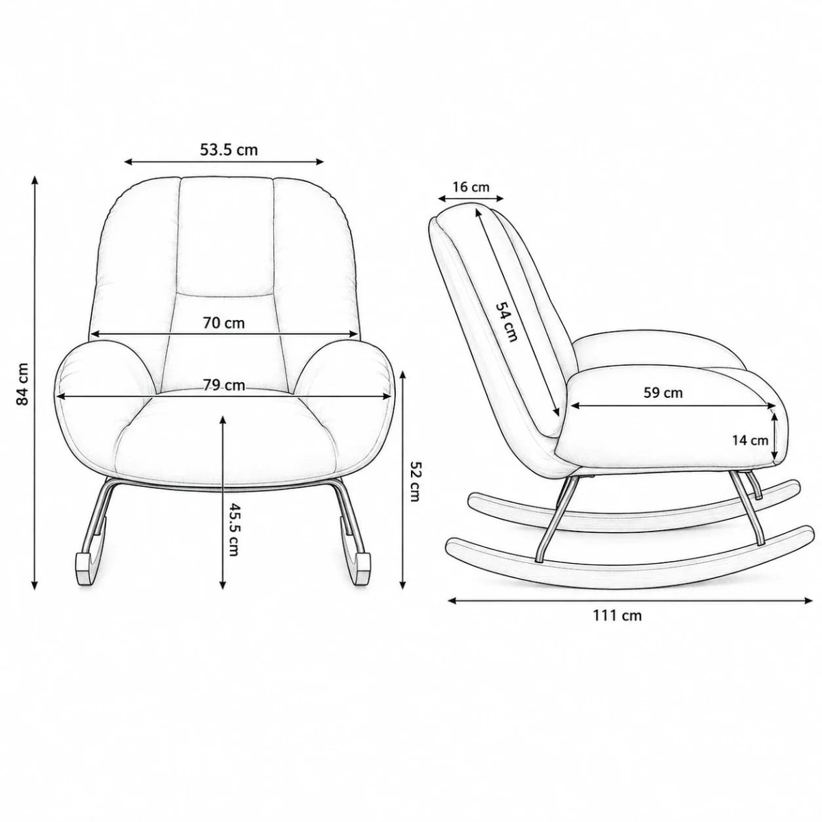 Black and white line drawing showing two views of an armchair with dimension annotations for width, height, and depth measurements.