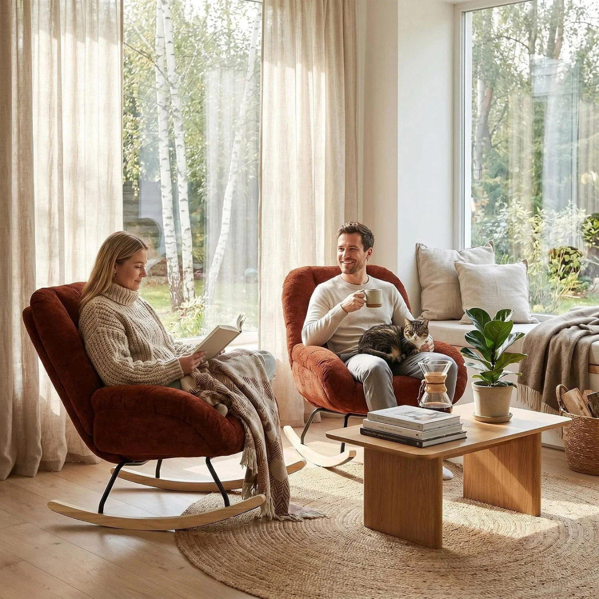 A cozy living room scene with two people seated in matching rust-red rocking chairs near large windows, one reading and one holding a cup with a cat on their lap. A wooden coffee table, woven rug, plants, and soft natural light create a warm, inviting atmosphere.