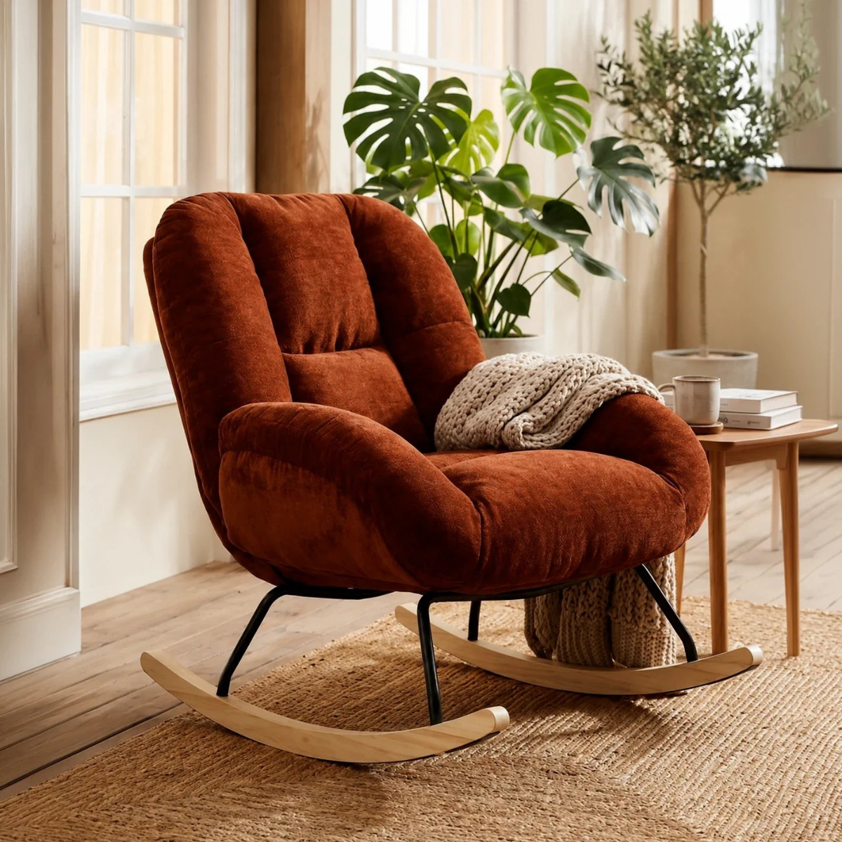 A plush velvet armchair in a warm rust-brown color with black metal rocking legs, styled in a cozy room with a small wooden side table, a knitted throw blanket, and potted green plants in the background.