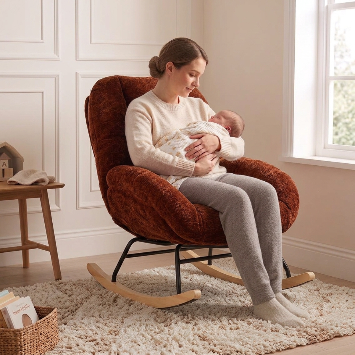 A woman in a cream sweater and gray leggings sits in a brown plush rocking chair, holding a baby wrapped in a white blanket. The scene is set in a bright, modern room with white paneled walls, a window, a small wooden side table, and a shag rug.