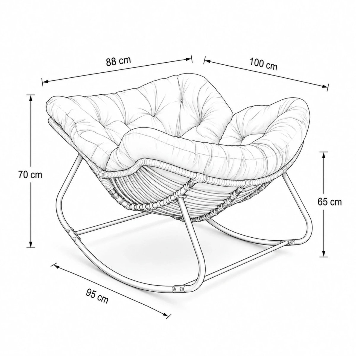 Line drawing of a chair with dimensions labeled