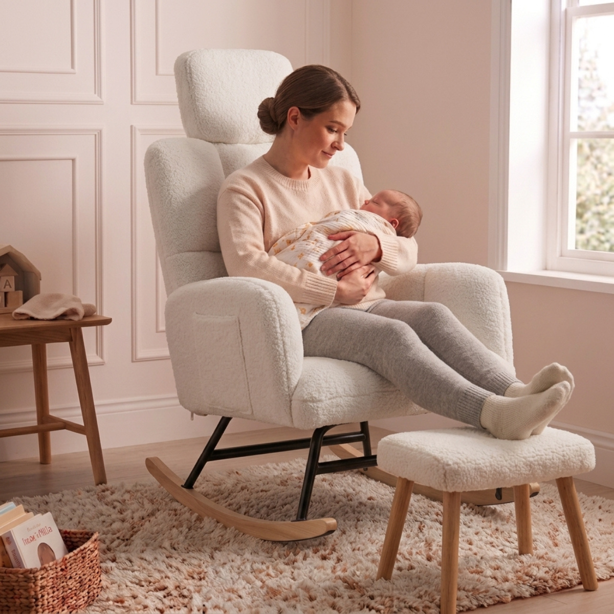 A woman in a cream sweater and gray leggings sits in a cream bouclé rocking chair holding a baby, with a matching cream footstool in front of her. The room has light wood paneling, a window, and a shag rug.