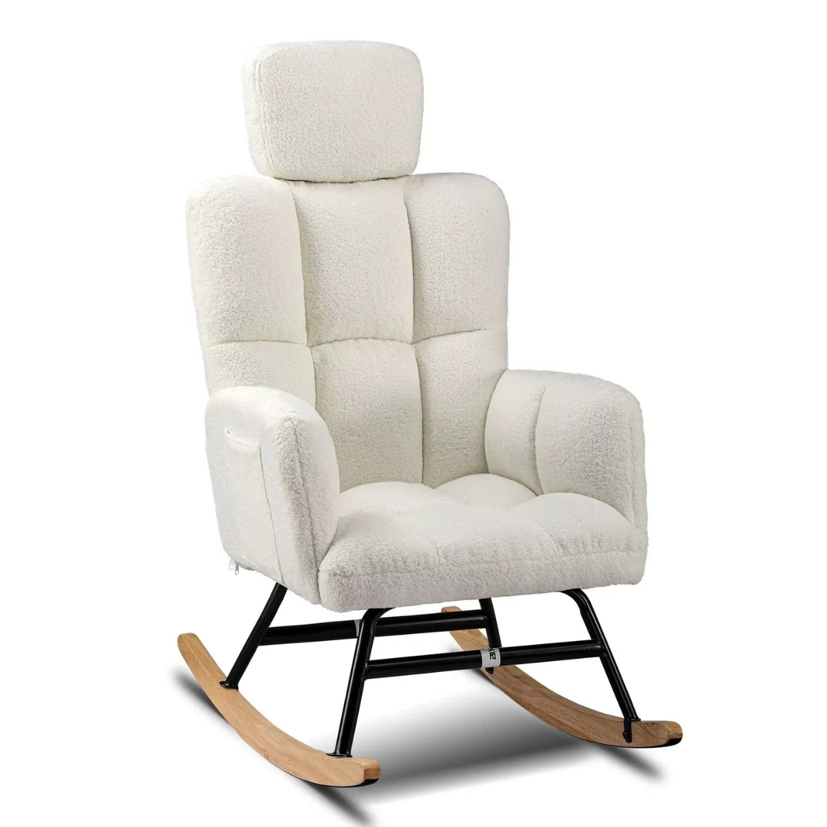 White rocking chair with black legs and wooden base on a white background