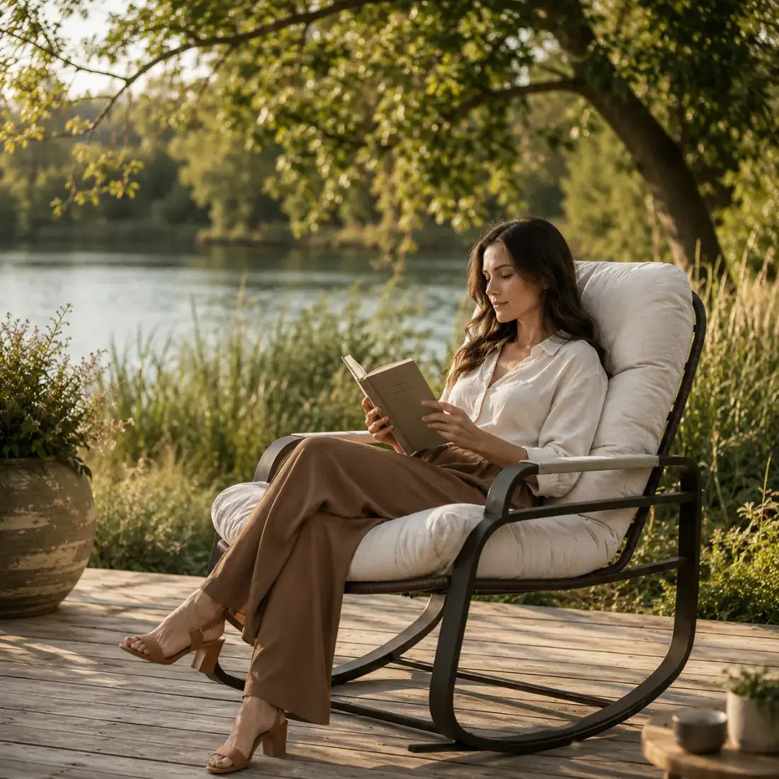 A woman sits in a cushioned outdoor rocking chair on a wooden deck, reading a book near a lake with trees in the background.