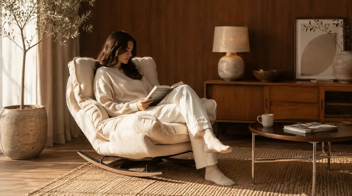 A woman in a cozy cream-colored lounge set sits in a plush rocking armchair, reading a book in a warm, modern living room with wood paneling and a coffee table.