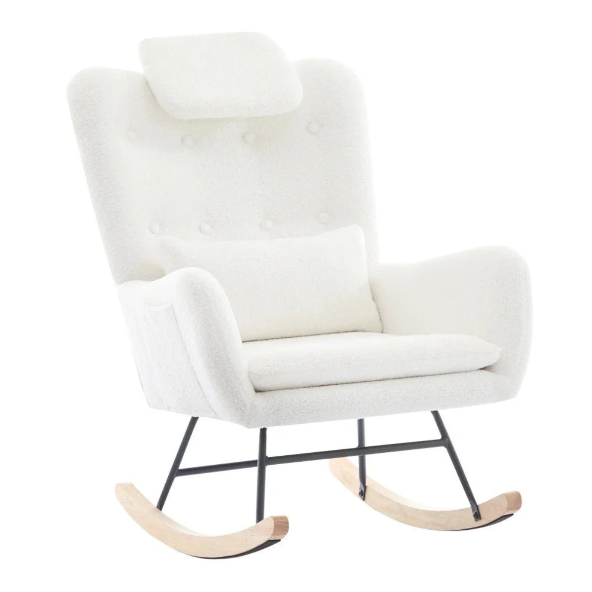 White rocking chair with wooden legs on a white background